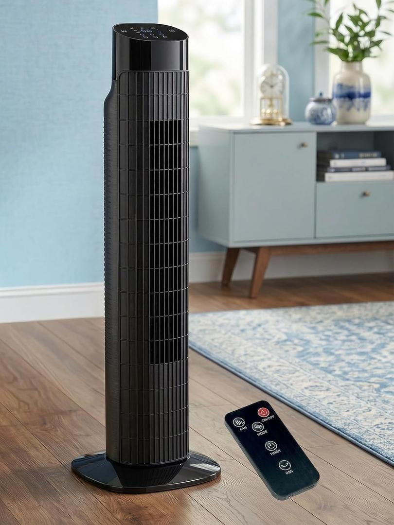 Uthfy 31Tower Fan for Bedroom, 120 Oscillating Electric Bladeless Fan with Remote, 3 Speeds, 3 Modes, 7.5H Timer, 26ft/s Velocity Quiet Standing Fan for Home, Office, Living Room, Black