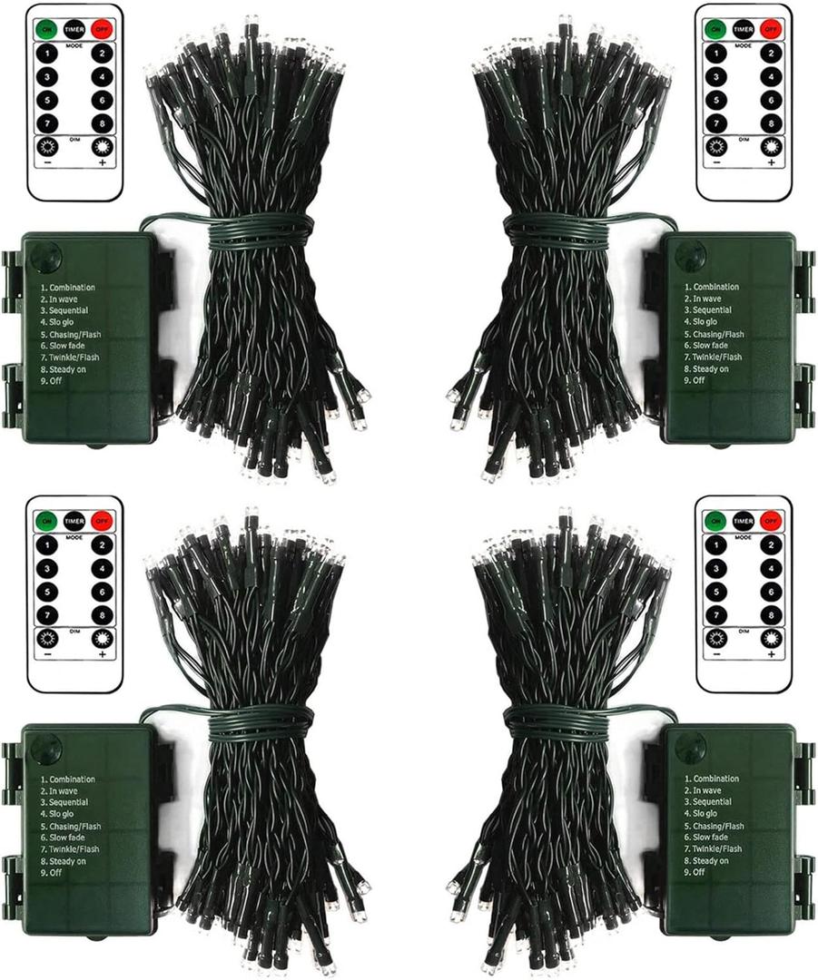ZAIYW 4 Pack String Lights Battery Operated, Total 66Ft 200 LED Christmas Lights with Remote Timer 8 Modes Fairy String Lights Dark Green Wire for Garland Patio Garden Xmas Tree Decor (Cool White)