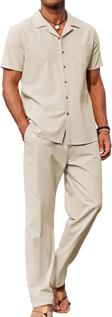 COOFANDY Men 2 Piece Linen Outfit Beach Button Down Shirt Casual Loose Pant Sets (Medium, Khaki)