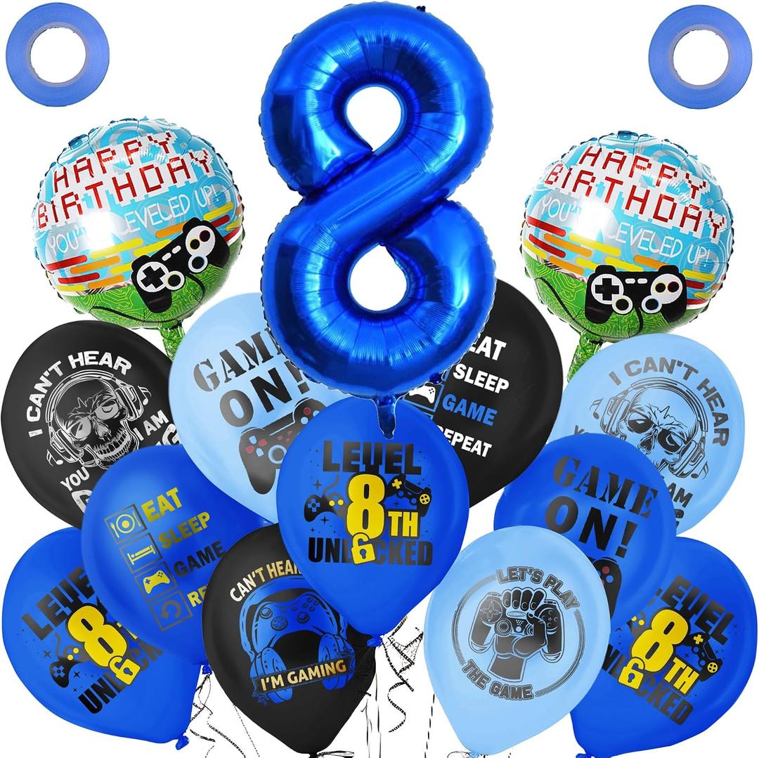 2 x Blue 8th Video Game Birthday Party Decoration Balloons Game on Party Supplies Set Include Happy Birthday Banner Foil Balloon Latex Balloon Ideal for Kids Boys Party Room Activities Decor