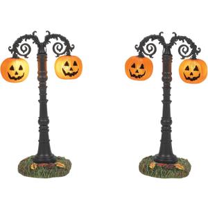 Department 56 Village Collection Accessories Halloween Hallows Eve Pumpkin Street Lamps Lit Figurine Set, 4.3 Inch, Multicolor