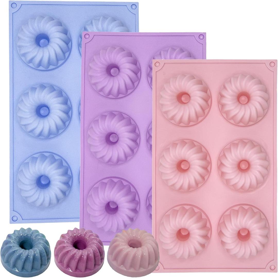 LGQUK Jello Molds 3pcs Silicone Fluted Tube Cake Pans, 6-Cavity Non Stick Silicone Baking Molds for Cupcake, Donuts,Muffin, Cornbread, Brownie, Jellies (Purple+Blue+Pink, Fluted Tube)