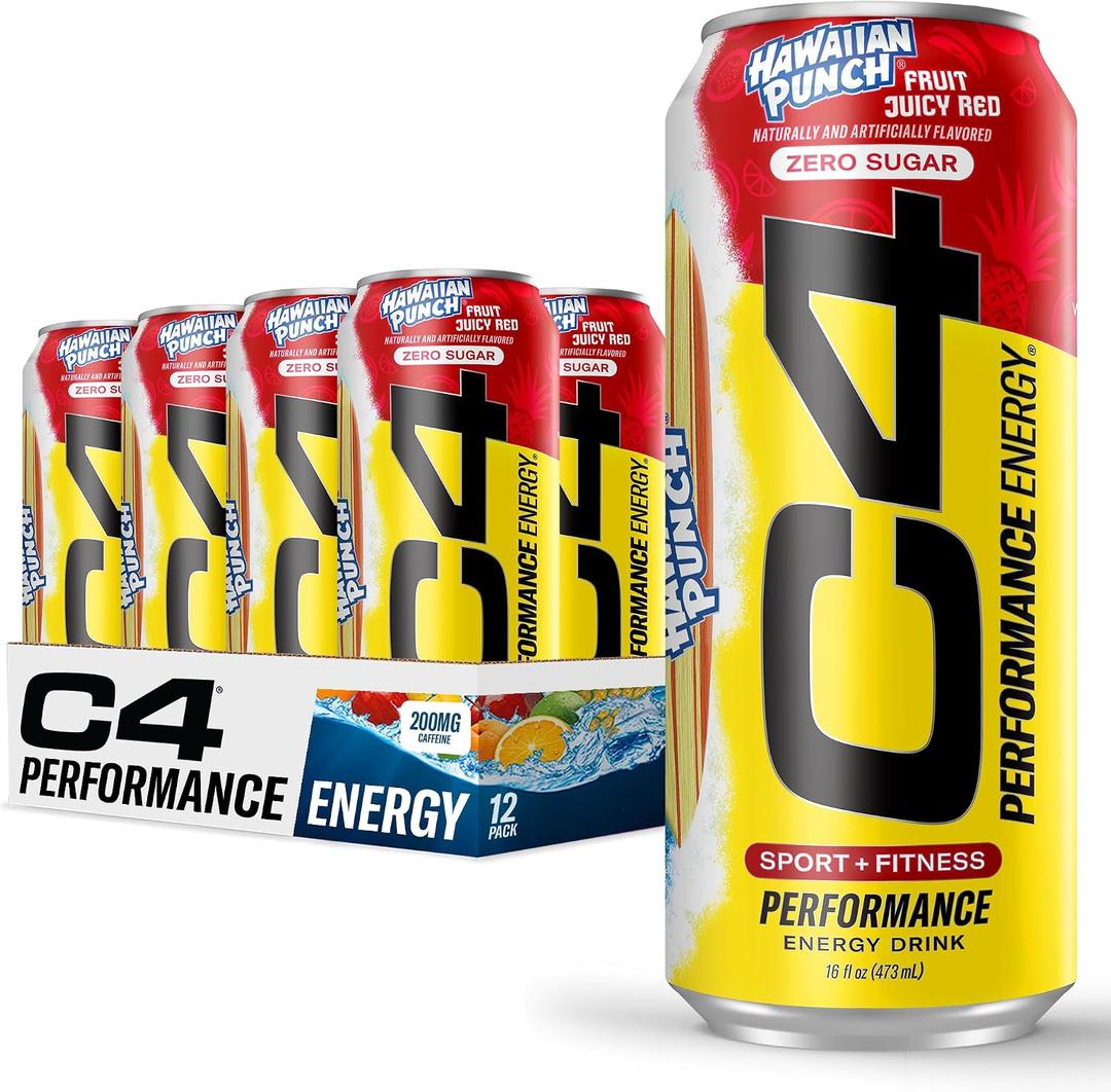 C4 Energy Drink, Hawaiian Punch Fruit Juicy Red, Carbonated Sugar Free Pre Workout Performance Drink with no Artificial Colors or Dyes, 16oz Pack of 12 (EXP 08/13/26)