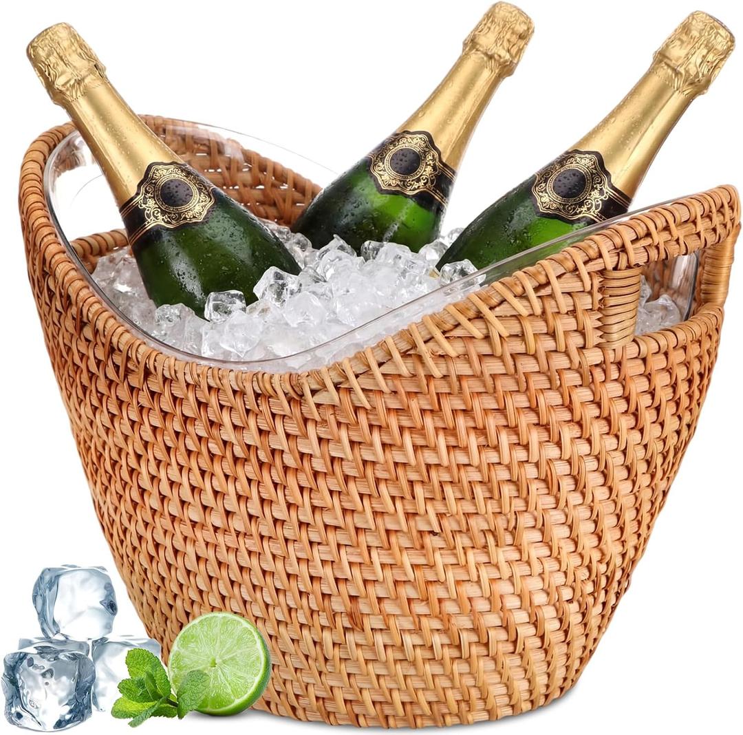 meekoo 1 Pack 6.2 L Handmade Rattan Wicker Champagne Ice Bucket with Removable Acrylic Liner Rattan Wicker Wine Beer Soda Bucket Outdoor Party Ice Tub Coastal Cooler Basket for Beach Coastal Decor (EXP 08/01/36)