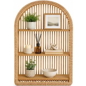 3 Tier Rattan Wall Shelf, Boho Arch Hanging Shelves,12.2 x 4.7 x 20.1 in Arched Wood Wall Shelf, Decorative Bohemian Floating Storage Display Rack for Bathroom Living Room Bedroom