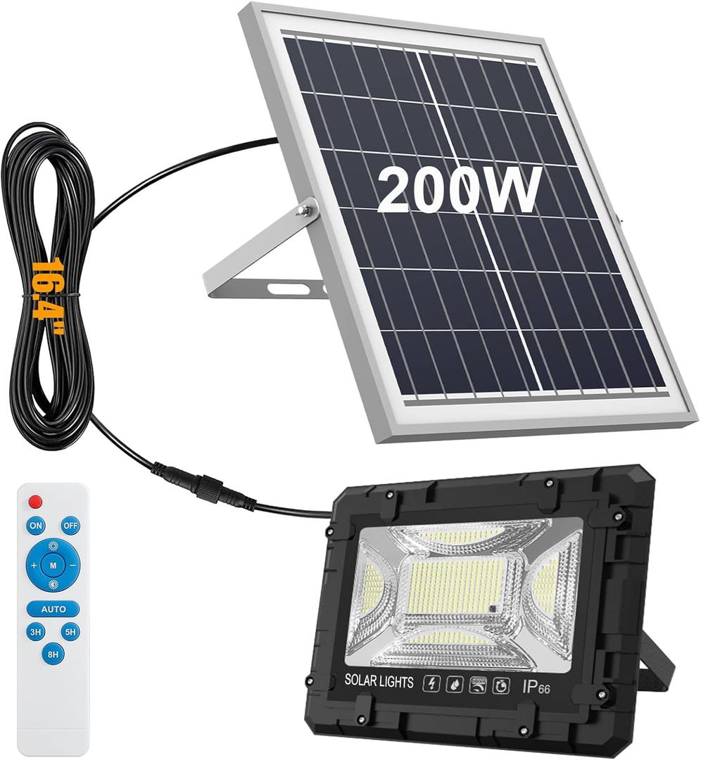 200W Solar Street Light Waterproof, 16ft Wire 20000LM LED Security Flood Lights Outdoor, Automatic Dusk to Dawn Solar Lights Outdoor for Outside Garden Yard Path Parking Lot
