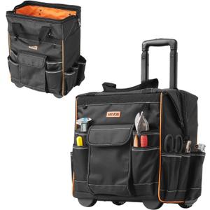 VEVOR 15" Rolling Tool Bag, 110 lbs Load Capacity, 25 Pockets Heavy Duty Roller Tool Bag on Wheels, Adjustable Telescoping Handle & Stable Base, Toolbag Organizers w/Wheels for Construction, Mechanic