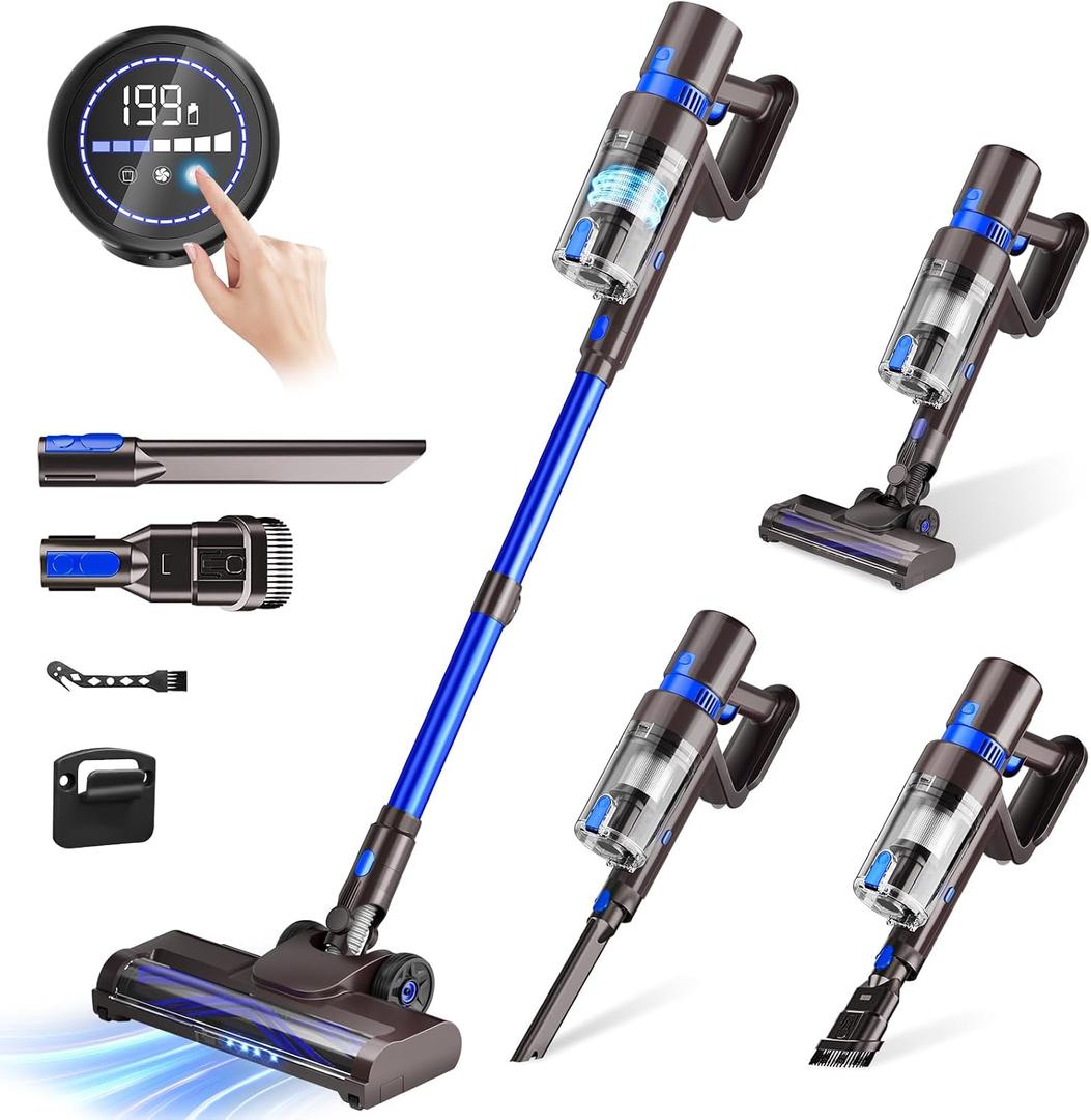KCLASO Cordless Vacuum Cleaner, 550W 45KPA 50Min Vacuum Cleaners for Home, Self-Standing Stick Vacuum with Touch Screen, 3 Power Modes, Rechargeable Battery, Handheld Vacuum for Pet Hair/Carpet/Floor