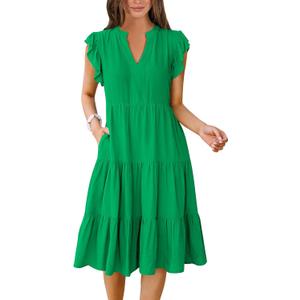 ANRABESS Womens Summer Dress Ruffle Sleeve V Neck Midi Dresses Fashion Casual Fit Flowy Tiered Boho Beach Vacation Sundress, Small