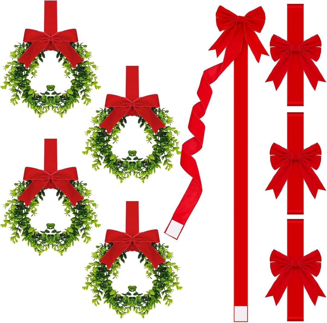 Riceshoot 8 Pcs Christmas Kitchen Decor Include 4 Pcs 78.7 Inch Large Christmas Cabinet Door Ribbons Bows 4 Mini 9 Inch Cabinet Wreath for Kitchen Window Door Xmas Supplies