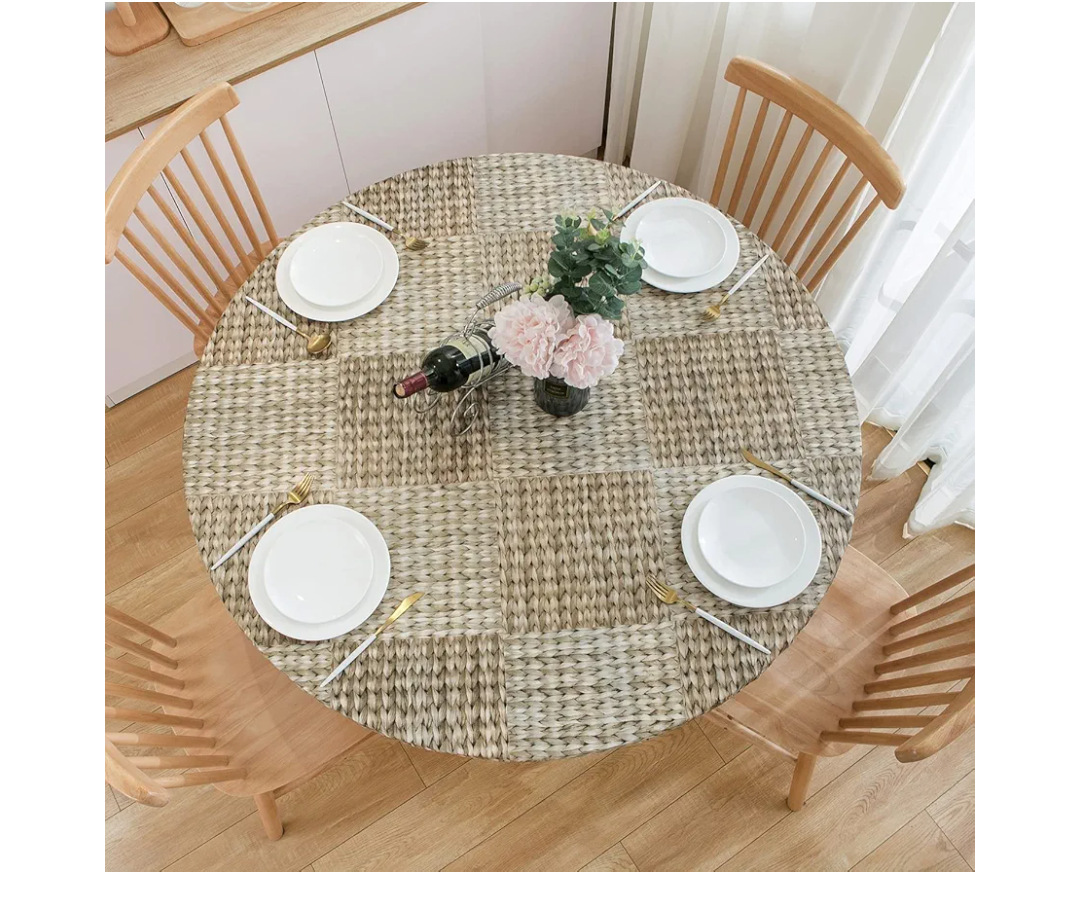 NLMUVW Round Fitted Vinyl Tablecloth with Elastic Edge 100% Waterproof Oil Proof PVC Table Cloth Wipe Clean Table Cover for Indoor and Outdoor, Brown Check, 40"- 44"