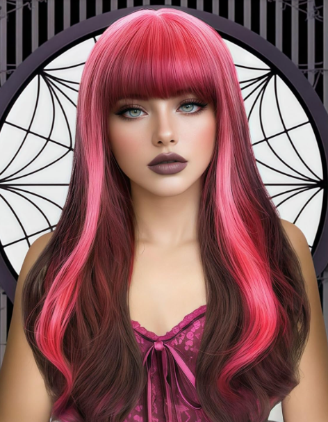 Draculaura Neon Pink Wig with Bangs Reverse Ombre Hot Pink Long Loose Body Wavy Wig with Curtain Bangs for Women 26 Inch Highlight Root Synthetic Draculaura Cosplay Halloween Party Use