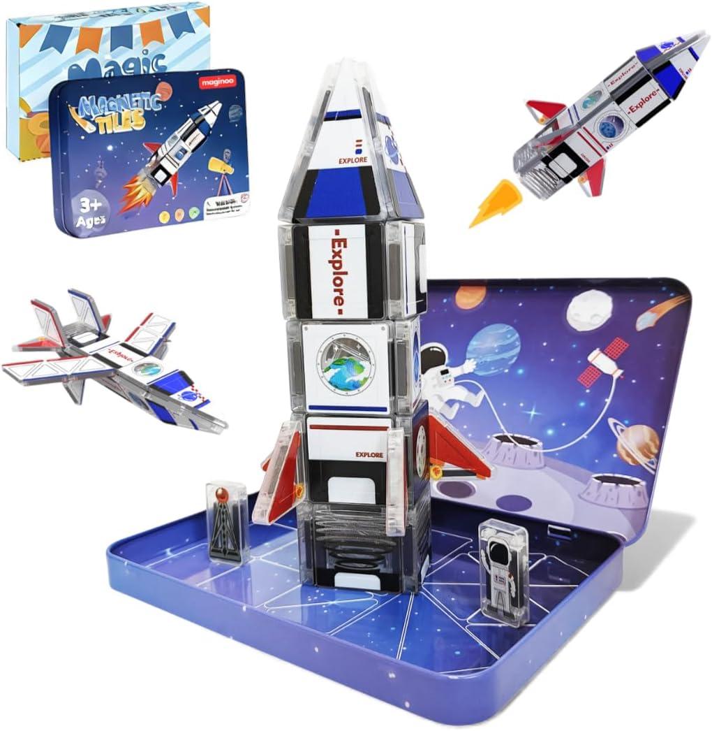 42PCS Mini Magnetic Tiles Space Rocket Travel Set with Iron Box STEM Educational Building Blocks Magnetic Construction Toy for Kids Ages 3 to 8 Creative Gift for Boys and Girls