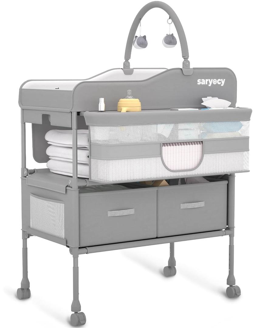 Baby Changing Table, Versatile Folding Changing Table, Waterproof Diaper Changing Station, Adjustable Height with 2 Drawers,Baby Changing Station, Mobile Nursery for Infant and Newborn (Light Grey-changing Table)