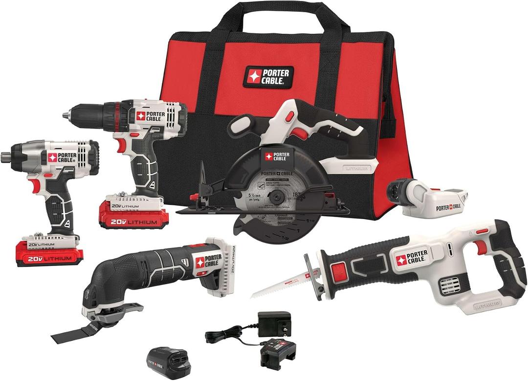 PORTER-CABLE 20V MAX* 6 Tools Combo Kit Cordless Drill Set, Impact Driver, Circular Saw, Reciprocating Saw, Oscillating Tool, Cutting Blade, Flashlight and USB Charger (PCCK617L6)