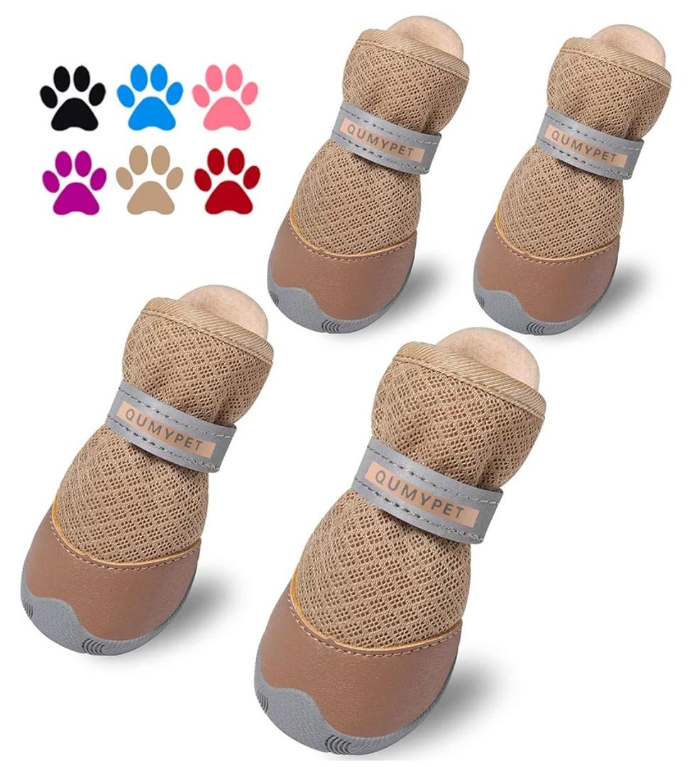QUMY 4PCS Dog Shoes for Small Dogs, Hot Pavement Summer Puppy Dog Boots & Paw Protectors with Soft Anti-Slip Rubber Sole, Mesh Breathable Dog Booties for Hardfloors, Walking Running Khaki Size 3