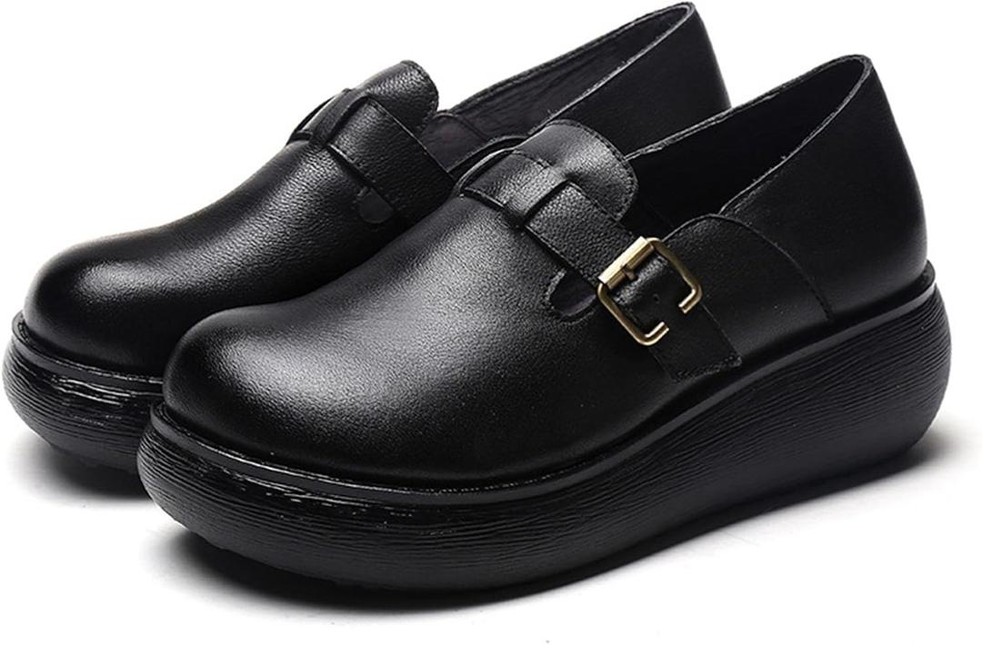 Women's Retro Leather Belt Buckle Thick Sole Loafers Fashionable and Comfortable Handmade Leather Thick Soled Shoes (5.5, Black)