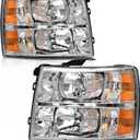 Chevy Silverado Headlights Assembly for 2007 2008 2009 2010 2011 2012 2013 Chevy Silverado 1500/2007-2014 Silverado 2500HD 3500HD Chrome Housing Amber Reflector Replacement HeadLamp Pair (A-Chrome Housing Amber Reflector)