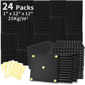 Focusound 24 Pack Acoustic Foam Panels 1" x 12" x 12" Sound Proof Foam Panels Soundproofing Noise Cancelling Wedge Panels for Home Office Recoding Studio with 240PCS Double-Side Adhesive