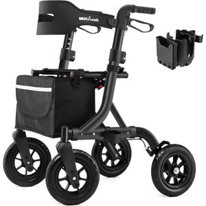 Rollator Walker for Seniors, Foldable All Terrain Rolling Walker with seat, Aluminum Walkers with 10 inch Rubber Wheels, Built-in Cable, Cup Holder, Adjustable Handles and Backrest for Seniors, Black