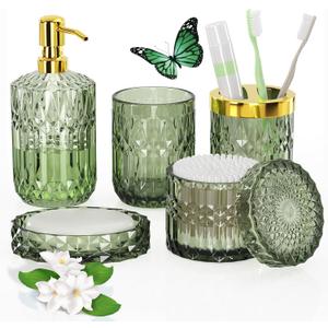 QIQU Green Glass Bathroom Accessories Set 5 Pcs, Green Bathroom Set, Soap Dispenser and Toothbrush Holder Set, Qtip Holder Set, Vintage Bathroom Sink Set, Cute Bathroom Decor