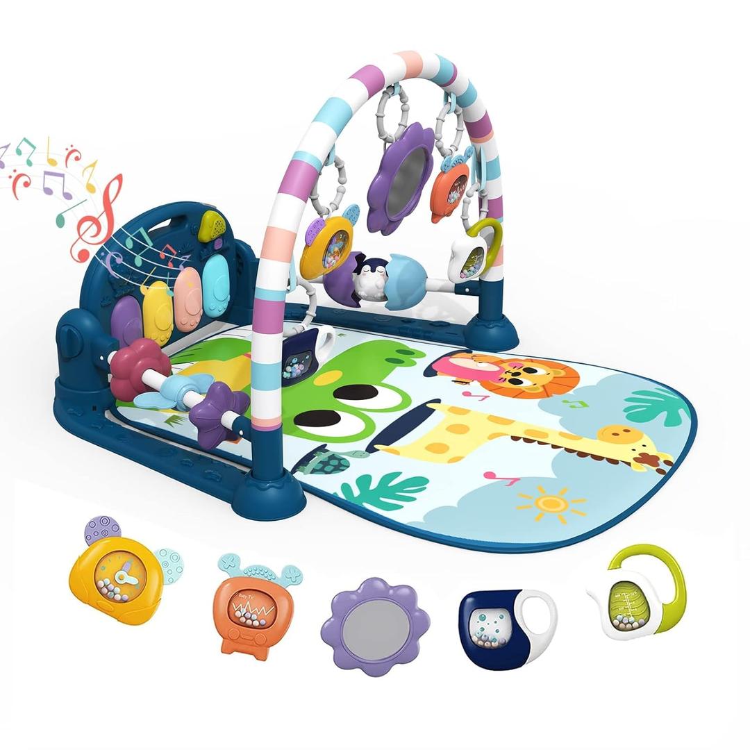 Dearlomum Baby Play Mat Gym, Funny Play Piano Tummy Time Activity Mat with 5 Infant Sensory Toys, Music and Lights, Boy & Girl Gifts for Newborns 0 to 3 6 9 12 MonthsNew Blue