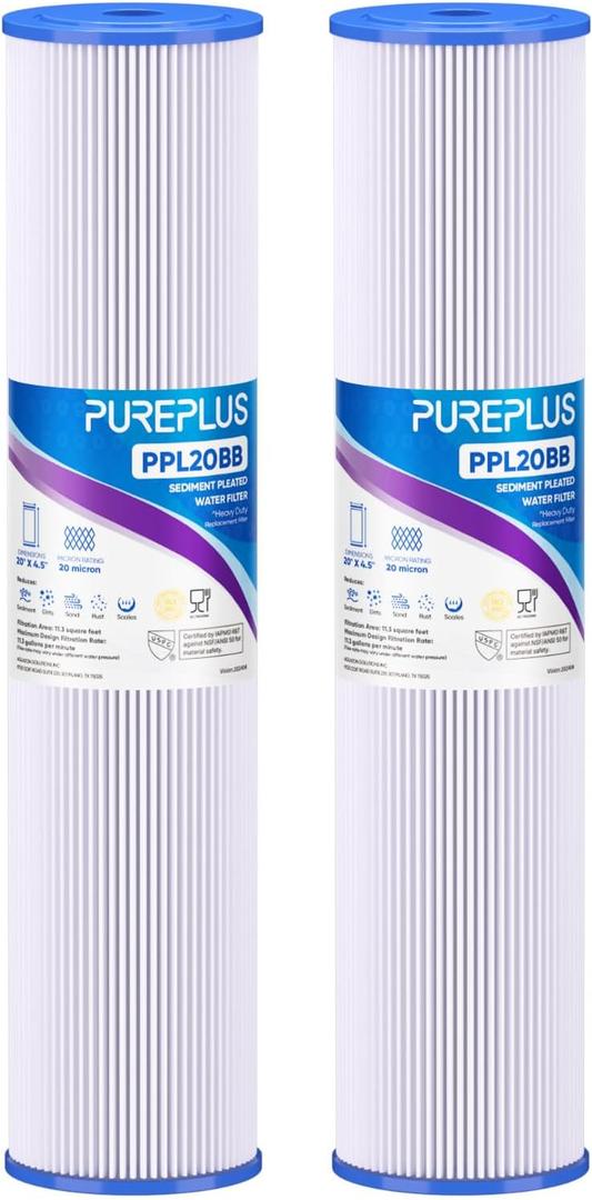 PUREPLUS 20" x 4.5" Whole House Pleated Sediment Filter for Well Water, Replacement Cartridge for ECP5-BB, AP810-2, HDC3001, SPC-45-1005, CP5-BB, ECP1-20BB, 2Pack