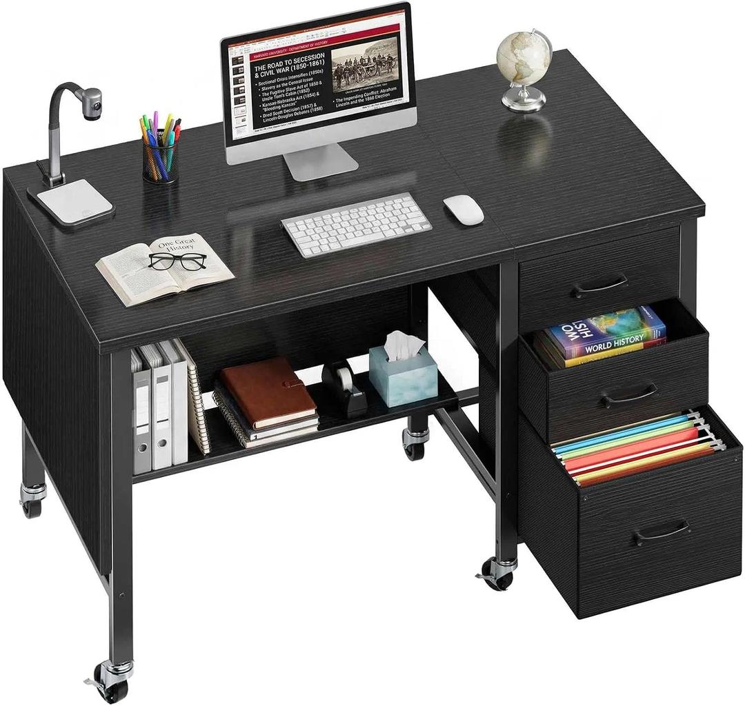 Rolling Teacher Desk with File Drawer & Privacy Panel, 47" Mobile Computer Desk with 3 Storage Drawers on Wheels, Modern Office Desks with File Cabinet for Classroom & Home Office, Black, 46.6"