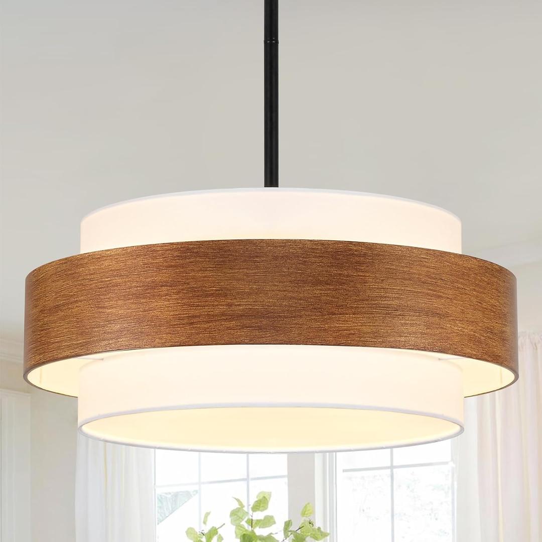 20'' Farmhouse Chandelier, 5-Light Drum Chandelier Round Pendant Light Fixture with Fabric Shade, Wood Grain Rustic Chandeliers for Dining Room Bedroom Living Room Foyer Entryway