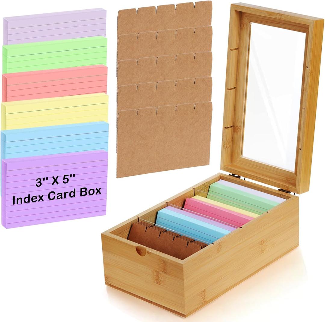 3x5'' Index Card Holder Box with Dividers Bamboo Index Card Organizer Wood Recipe Box with Lid 4 Compartments for 1200 Cards File Notecard Holders for Business Home Office Kitchen