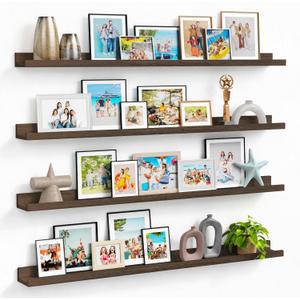 Forbena Wood Picture Ledge Shelf for Wall 4-Pack, 48 Inch Long Rustic Floating Shelves with Lip for Classroom Library, Farmhouse Wooden Wall Ledge for Photo Frames Books (Dark Brown)