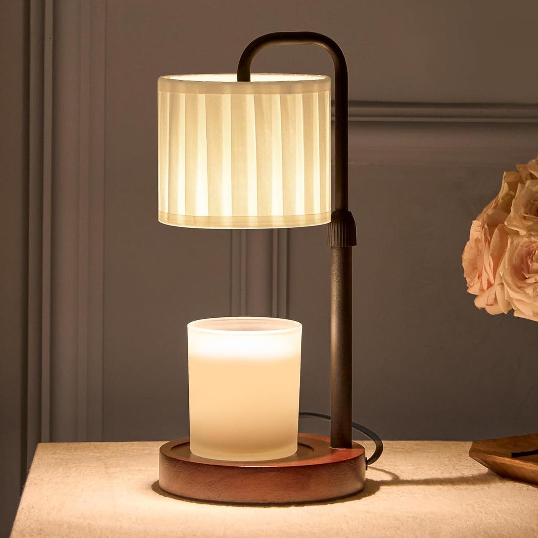 Candle Warmer Lamp with Timer, Dimmable Wax Warmer Candle Lamp for Jar Candle with 2 Bulbs, Christmas Birthday Gifts for Women Mom, Cozy Home Decor for Room, Bedroom, Kitchen-Pleated Fabric