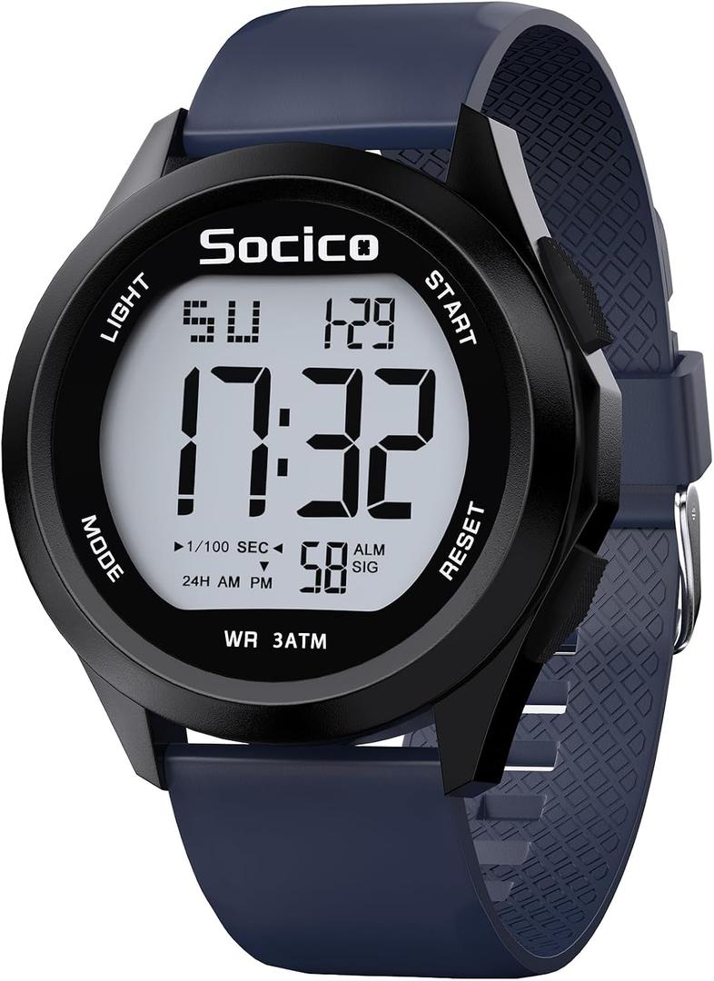 SOCICO Mens Digital Watch Sports Waterproof Outdoor Large Face Military Watches with Stopwatch Back Light Alarm Date Display, Blue