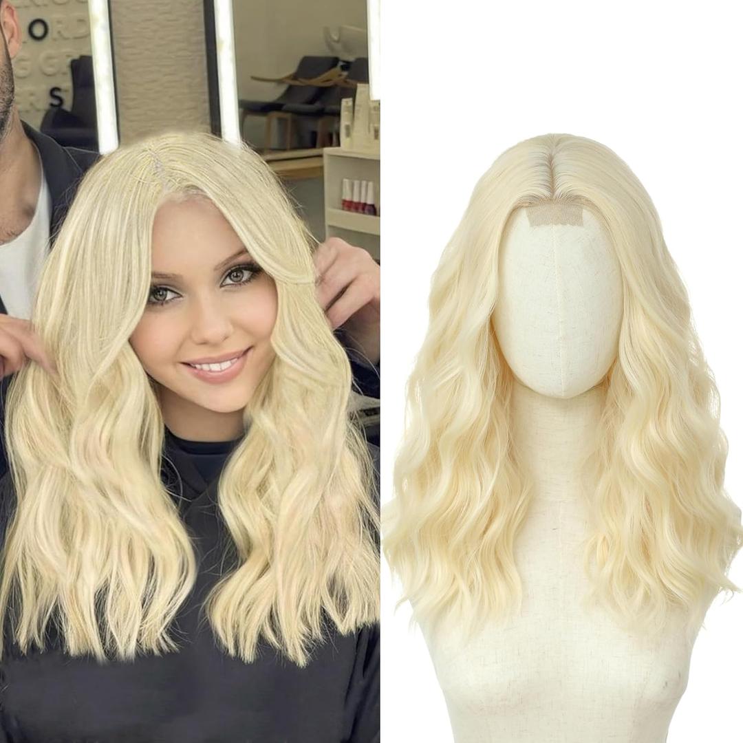 Wig 18 Inch Medium Length Wigs for Women Middle Part Synthetic Hair Wavy Wig with Upgraded Strands,Natural Hair Wigs for Daily Party/Halloween Use 18Inch,Light Gold