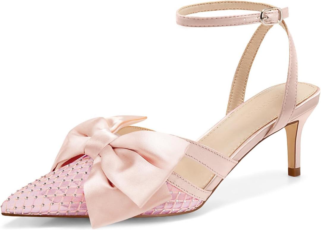 Coutgo Womens Kitten Low Heels Rhinestone Mesh Bow Heels Closed Pointed Toe Ankle Strap Pumps Dress Wedding Shoes (6, Pink)
