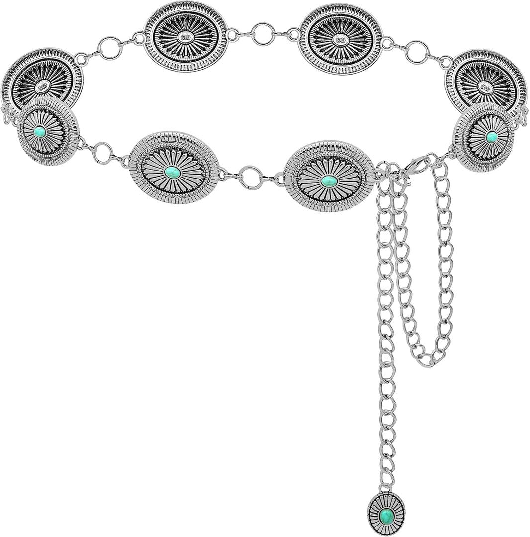 LIMHOO Western Chain Belt for Women Turquoise Concho Metal Waist Chain Cowgirl Country Belt (L: Length: 135cm/53.1in, Fits waist up to 46in, Oval Silver)
