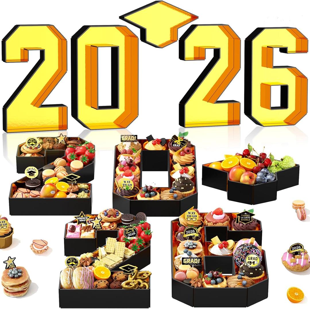 2026 Charcuterie Numbers Fillable, 13.78'' Gold Black 2026 Cardboard for Charcuterie, Number Tray for Chocolate Cookies Flowers Cupcakes Box with Graduation Cap, Class of 2026 Graduation Decorations