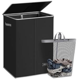 SOLEDI Laundry Hamper with Lid 130L Large & Tall Collapsible Laundry Basket, Clothes Hamper with Bag Removable Easy to Carry, Dirty Hampers for Bedroom, Bathroom, Dorm, College, Black