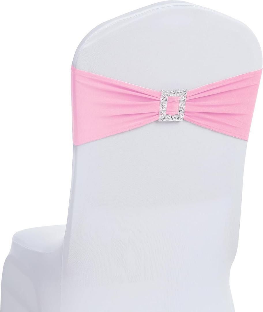 Joccun 60 PCS Spandex Chair Sashes Bows Stretch Chair Cover Band with Buckle Slider Universal Elastic Chair Ties for Wedding Banquet Party Event Decoration (Pink)