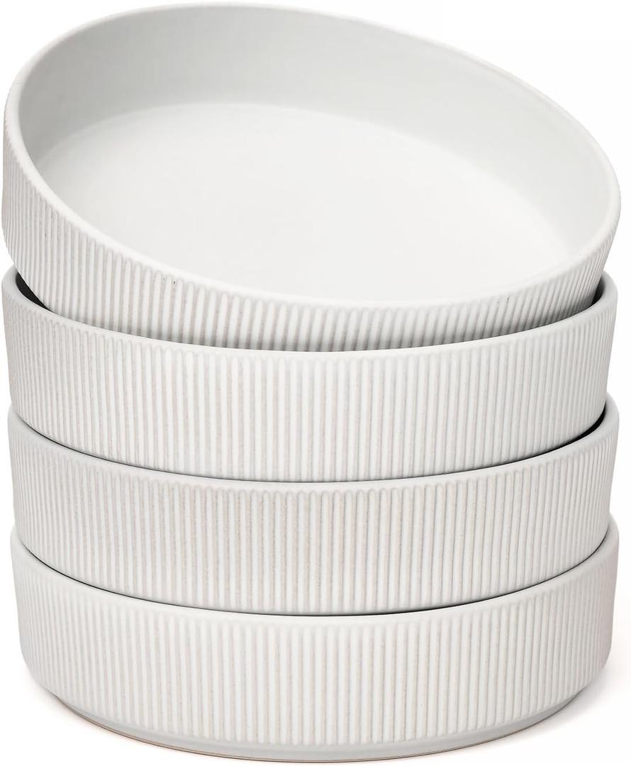 OTAGO 8" Bowls Set of 4, Ribbed Stoneware Bowls with Unique Handcrafted Reactive Glaze, Matte Ceramic Tableware for Kitchen, Dinner & Dining, Microwave & Dishwasher Safe, White, 4 Pieces