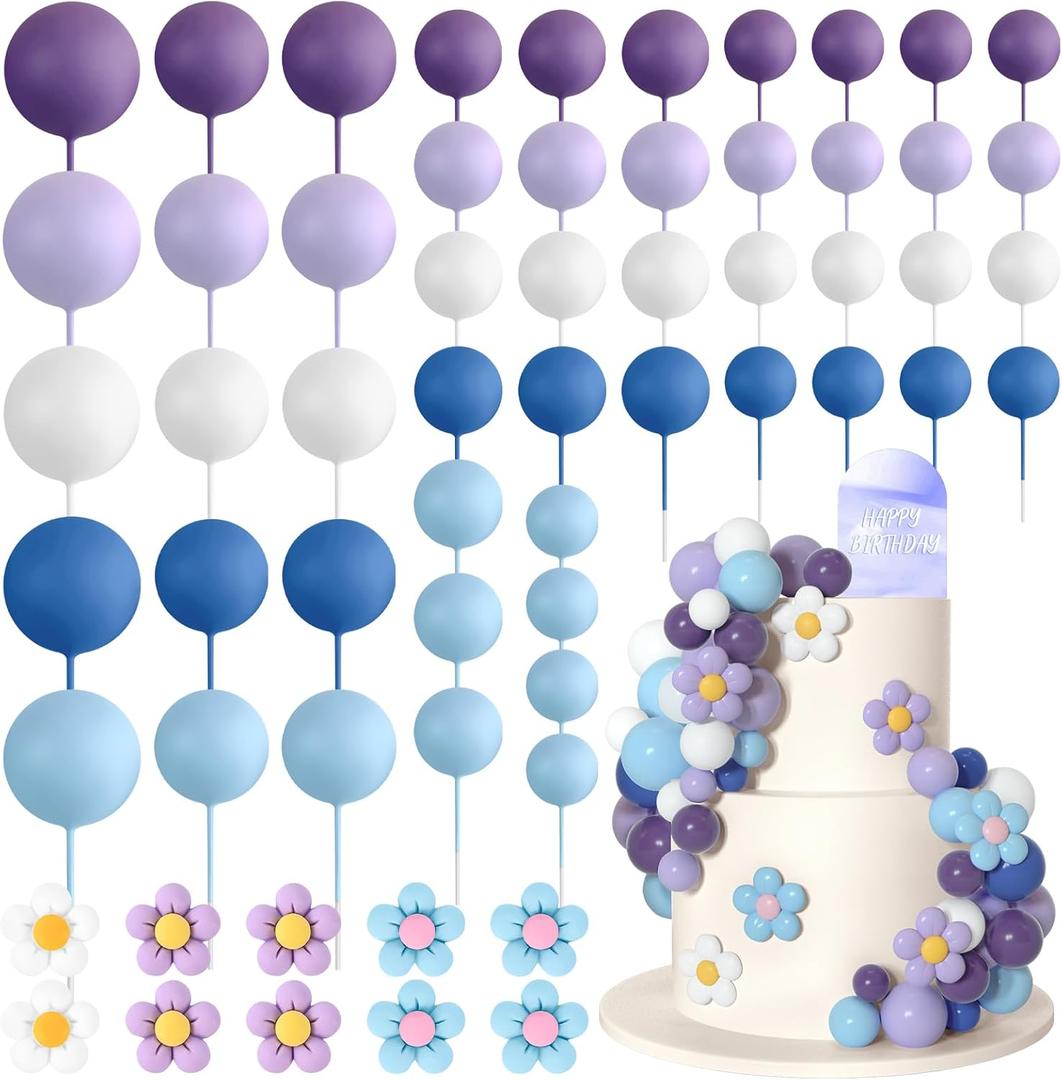 61 Pcs Boho Cake Topper Balls Decorations Mini Balloon Cake Topper Retro Hippie Daisy Flower Acrylic Cake Topper for Birthday Party Wedding Rainbow Baby Shower (Blue Purple)