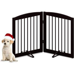 PUPETPO Freestanding Pet Gate for Dogs, Foldable Wooden Dog Gate for House, Indoor Pet Barrier for Stairs, Doorways, Support Feet Included, 24" Height 2 Panels, Brown