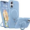 Liquid Silicone Case for iPhone 16 with Magnetic Ring Stand, Military Grade Shockproof Protection, Anti-Scratch Microfiber Lining Covers for iPhone 16, Light Blue