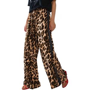 Women's Casual Pants Drawstring Leopard Print Color Block Side Striped Straight Leg Wide Leg Loose Pants (2-Yellow Black, 2XL) 