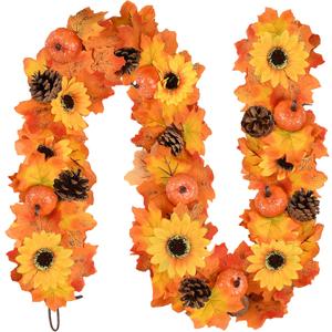 Palonu 6Ft Thanksgiving Artificial Fall Maple Leaves Garland, Hanging Fake Pumpkin Sunflowers Pine Cone with Berries Vine for Thanlsgiving Halloween Fireplace Doorway Indoor Outdoor Party Home Decor (Dark Orange)
