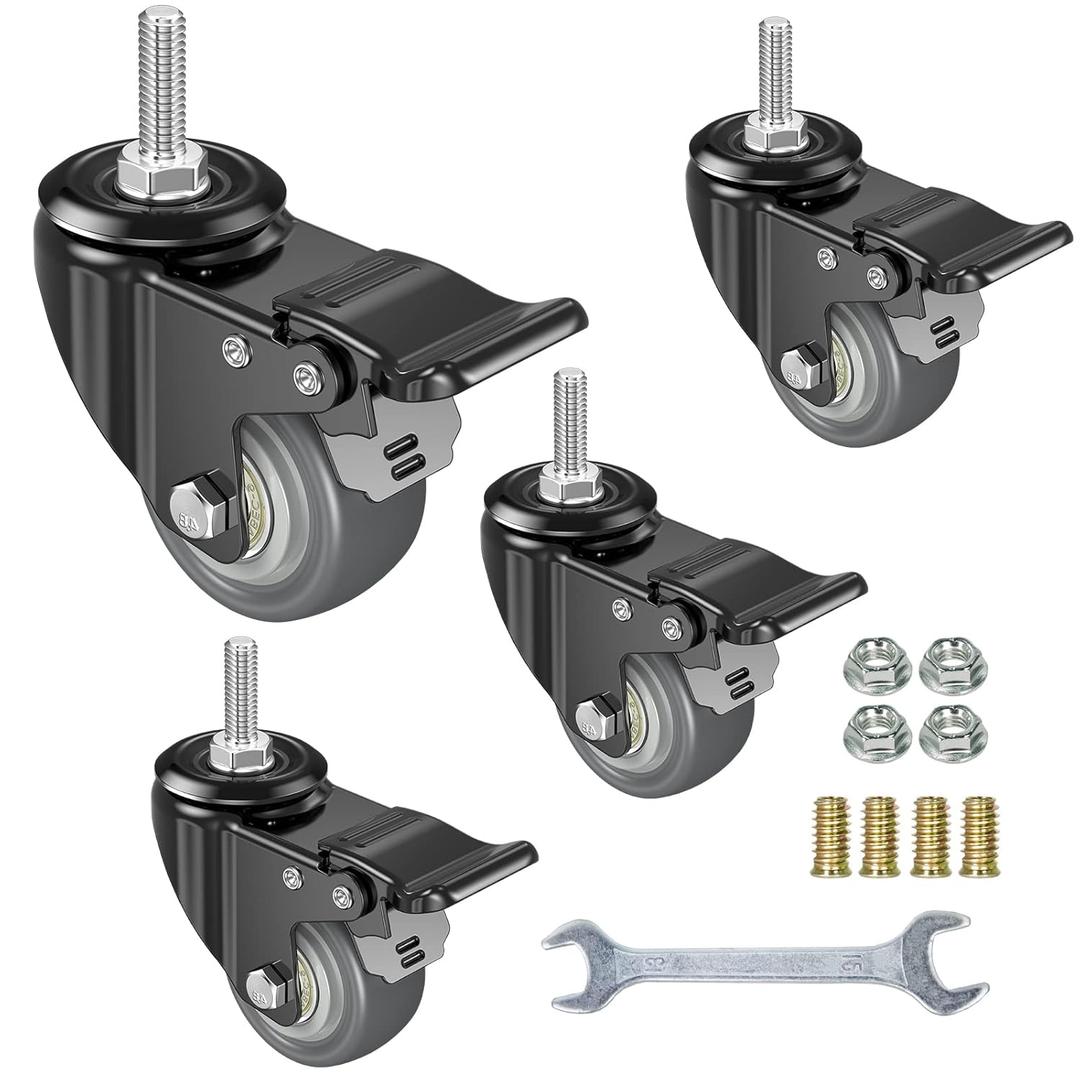 2 Inch Swivel Caster Wheels Set of 4, Metric M8-1.25 Threaded stem(Bolt Diameter 8mm, Length:1) Durable Soft Rubber casters with Double Lock Mechanism, castors for Carpet Hardwood Floor.