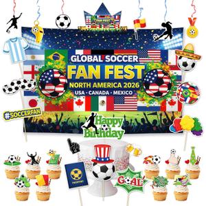Allenjoy World Soccer Football Cup Party Decorations Set with Backdrop, Headbands, Masks, Cupcake Toppers, Hanging Swirls and Photo Booth Props, Party Supplies and Favors for Men Women Boys Fans
