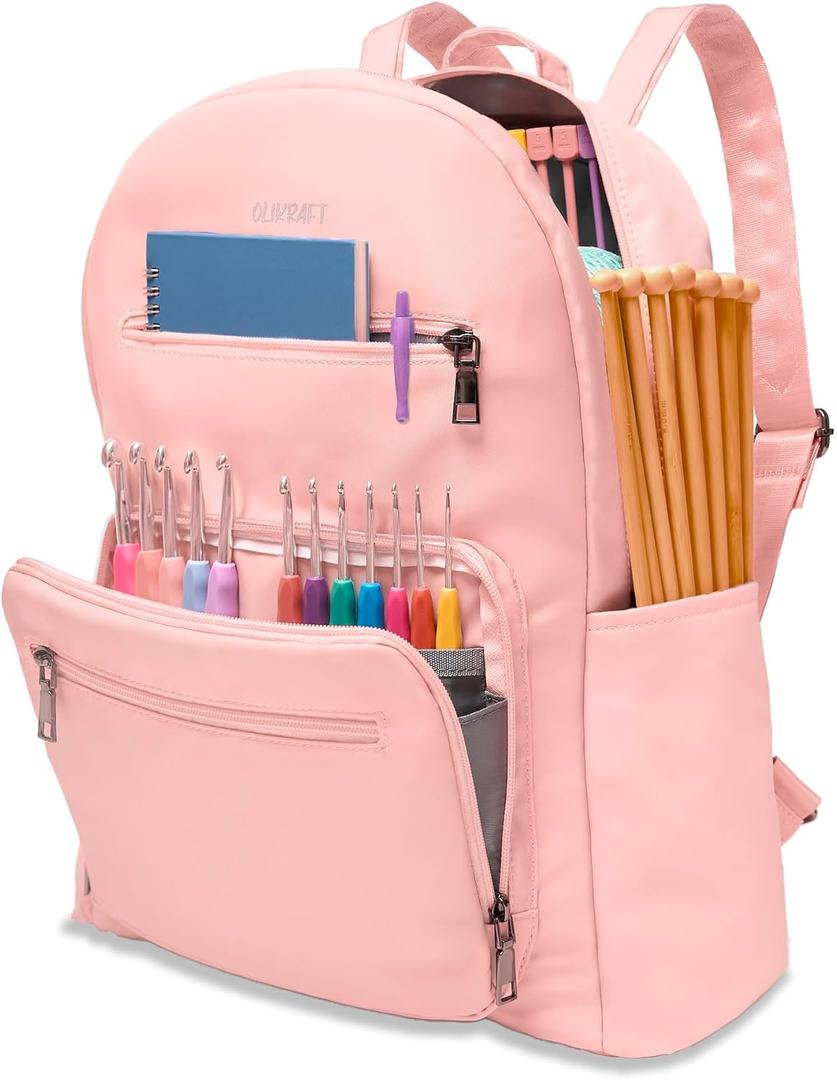 Olikraft Travel Crochet Bag Organizer Backpack - Crochet Yarn Bag, Knitting Bags and Totes, Yarn Bags for Crocheting on the Go (Pink)