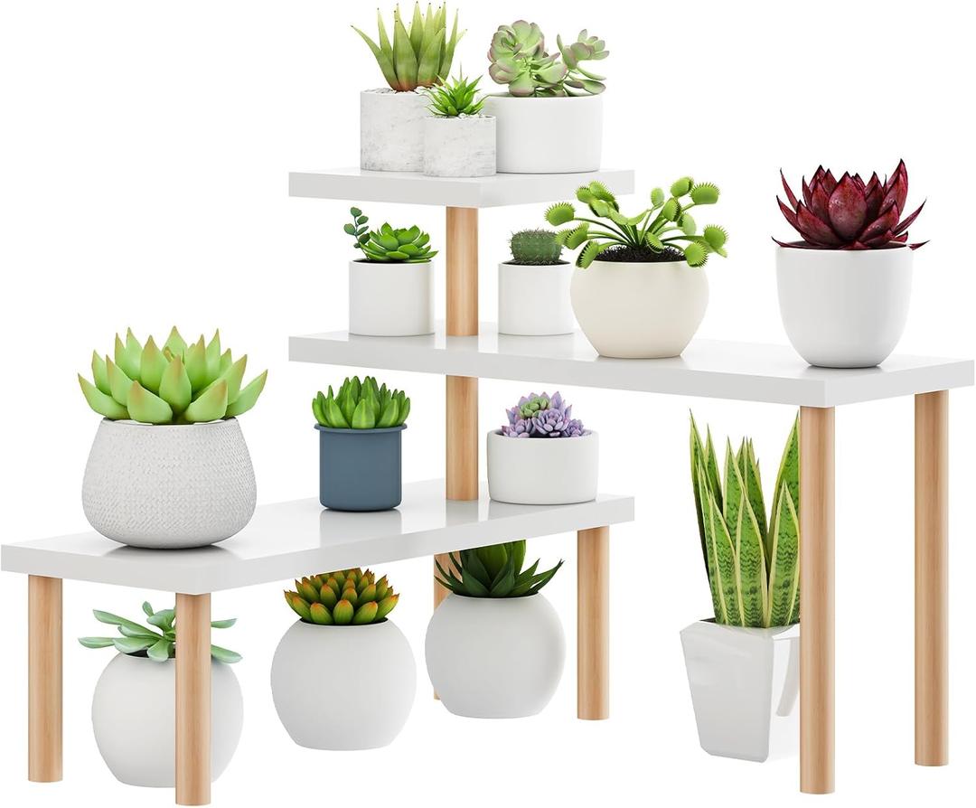 Small Plant Stand Shelf ,3 Tiers Wood Long Desktop Flower Pot Holder Racks for Window Sill,Table ,Countertop Organizer Display Stand Shelves (Angle Adjustable,White)