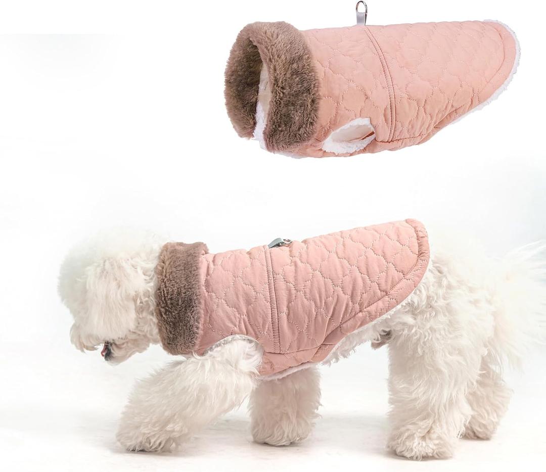 BEAUTYZOO Winter Dog Coat with Harness Built in, Warm Dog Puffer Jacket Vest Padded Fleece Cold Weather Coats Windproof Waterproof Snow Jackets Clothes for Small Medium Puppy, Pink XS (XS (Back: 10",Chest: 15"))